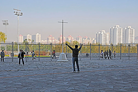 游客,站立,姿势,摄影,抬臂,北京,中国