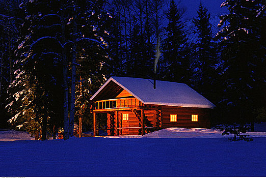 积雪,小屋,冬天,夜晚