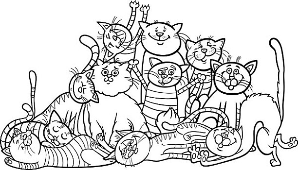 高兴,猫,群,卡通,上色画册