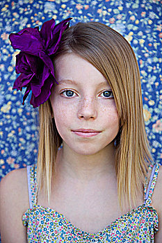 一个,女孩,肖像,丝绸,紫花,毛发
