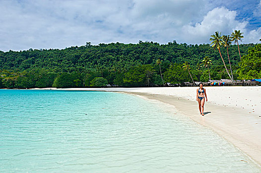 游客,青绿色,水,白沙,香槟,海滩,岛屿,瓦努阿图,南太平洋