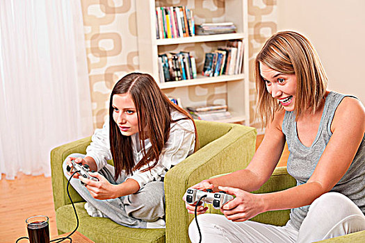 学生,两个,女青年,玩,录像,电视,游戏,现代生活,房间