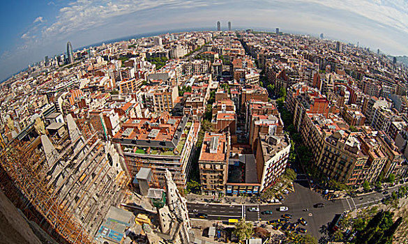 航拍,塔,神圣家族教堂,俯视,巴塞罗那,加泰罗尼亚,西班牙,欧洲