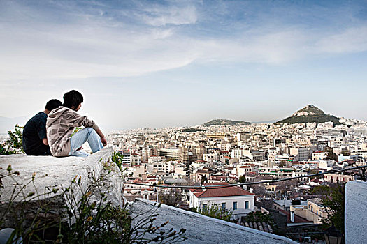 旅游,坐,石头,远眺,雅典,希腊,利卡贝塔斯山