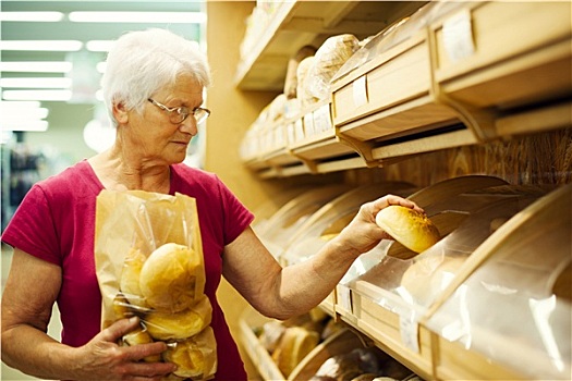 老年,女人,包装,面包,超市