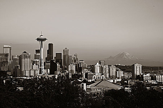 西雅图,城市天际线,雷尼尔山,日落,城市,写字楼,公园