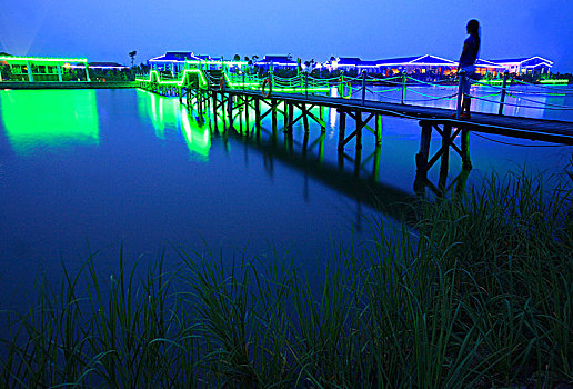 木桥,水,夜色,农家乐,酒店