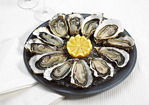 法国,牡蛎,食用牡蛎,海鲜,柠檬,盘子