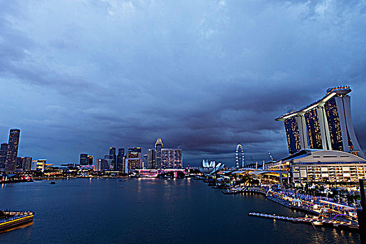建筑,围绕,码头,湾,晚上,新加坡