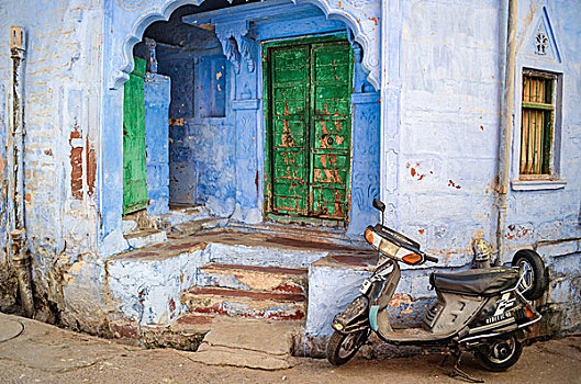 摩托車,停放,正面,傳統建筑,入口,拉賈斯坦邦,印度