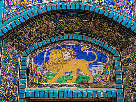 瓷砖,图片,琉璃瓦,花,装潢,国家象征物,太阳,上方,狮子,剑,清真寺,伊朗,亚洲
