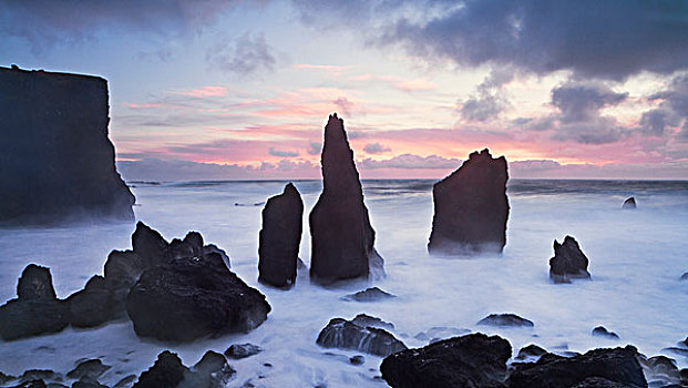 冰岛,石头,海洋,海浪,落日,亮光,气氛,海岸