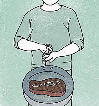 插画,男人,烹调,牛排,煎锅