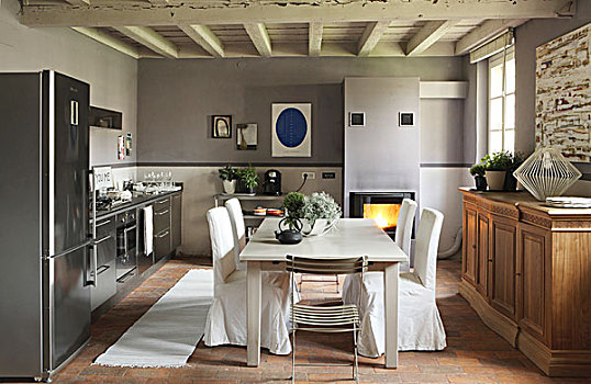 椅子,松,白色,简单,餐桌,折衷,厨房,天花板