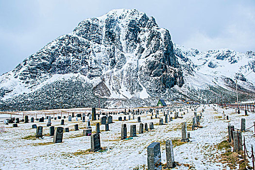 墓地,雪中,瑞恩,罗弗敦群岛,挪威