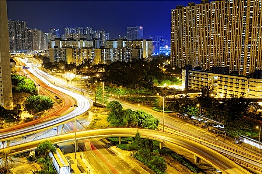 航拍,城市,高架路,夜晚,香港,亚洲