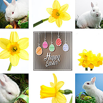 白色,兔子,坐,旁侧,复活节彩蛋,绿色,篮子
