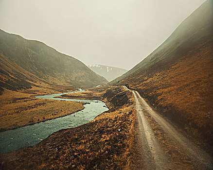 山谷,土路,雾气,萨瑟兰,苏格兰