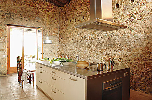 现代,厨房操作台,正面,乡村,石墙,西班牙,郊区住宅