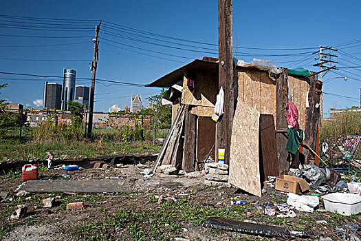 无家可归,小屋,靠近,总部,文艺复兴,中心,市区,底特律,密歇根,美国