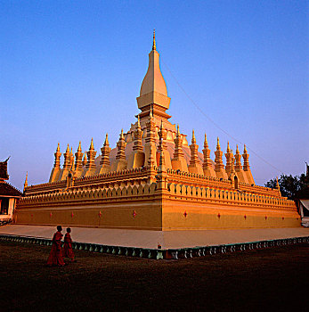 老挝,万象,和尚,走,过去,塔銮寺