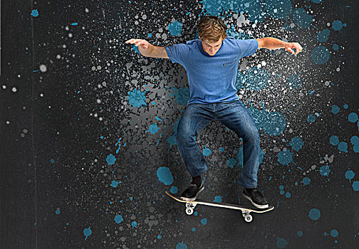 酷,年轻,玩滑板,技巧,蓝色背景,灰色,涂绘,背景