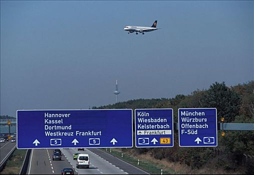 法兰克福,德国,靠近,汉莎航空公司,空中客车,机场,高速公路,穿过,北方