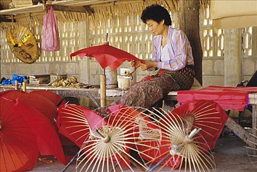 泰国,女人,红色,伞,丝绸,工厂