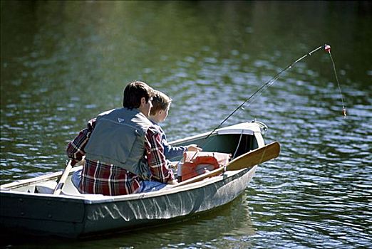 父亲,儿子,钓鱼,船