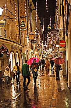 圣诞购物,粮食胡同,街道,萨尔茨堡,奥地利,欧洲