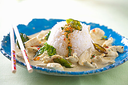 蔬菜沌鸡,辣酱,油炸,罗勒,米饭,泰国