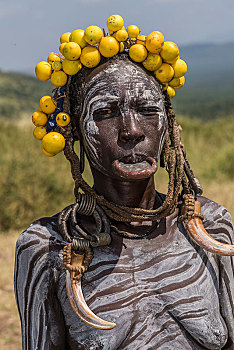 女人,唇盘,头饰,头像,部落,摩西族,南方,区域,埃塞俄比亚,非洲