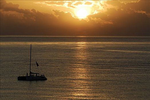 日落,海洋,船,牙买加,加勒比海,中美洲