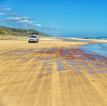 澳大利亚,弗雷泽岛,沙子,轨迹,汽车,靠近,海洋,天空