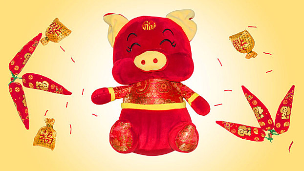 猪年生肖玩偶,福袋,辣椒,寓意猪年红红火火