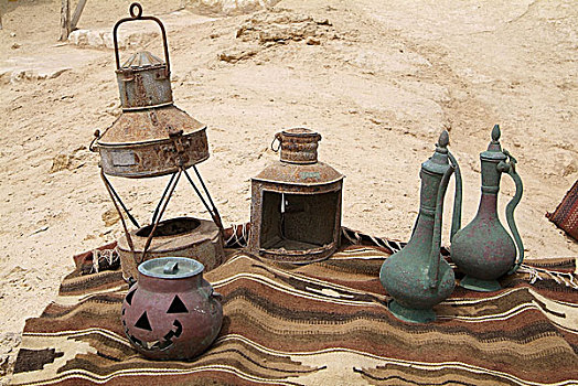 埃及,金属,非洲,目的地,纪念品,销售,毯子,大杯,茶壶,风,亮光,灯,老,生锈,静物