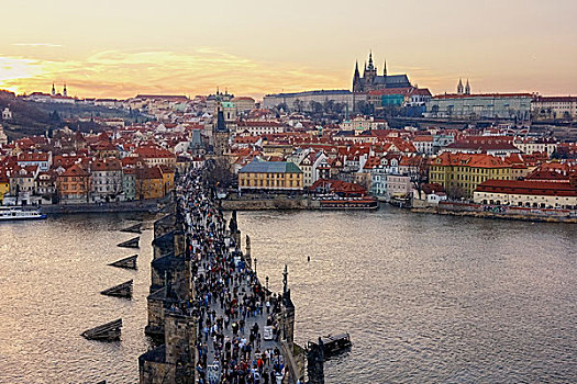 航拍,桥,塔,查理大桥,布拉格城堡,捷克共和国