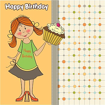 生日,贺卡,女孩,大,杯形蛋糕