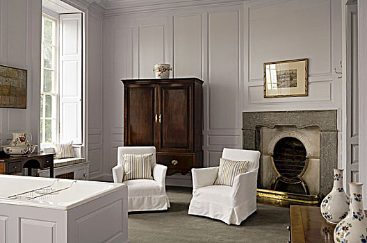 优雅,设计,浴室,白色,扶手椅,正面,壁炉,墙壁