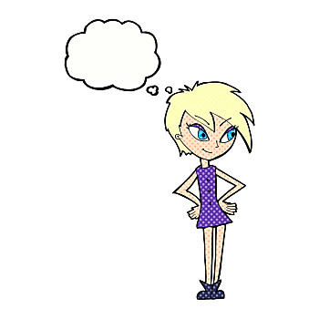 卡通,女孩,手叉腰,思考,泡泡