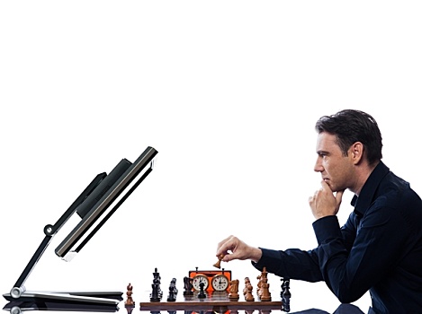 男人,玩,下棋,电脑