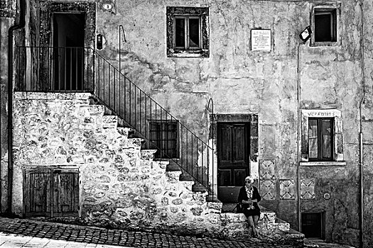 阿布鲁佐,中意大利,欧洲,著名,楼梯,黑白