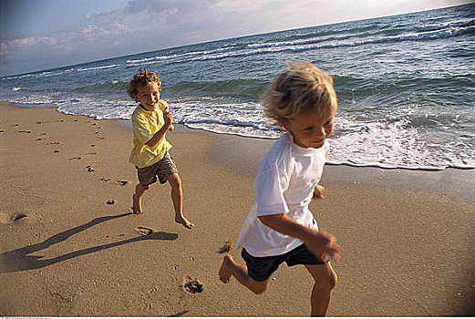 孩子,跑,海滩
