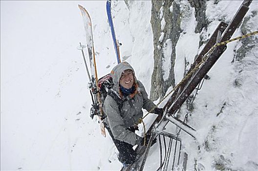 男人,向上,梯子,滑雪,少女峰,阿尔卑斯山,瑞士