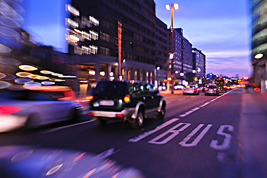 忙碌,交通,场景,街道,夜晚,汽车,鲜明,彩色,城市风光