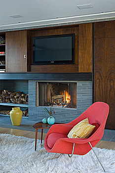红色,椅子,正面,壁炉,现代,起居室