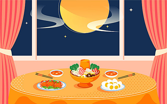 中秋节一家人团圆插画过年聚餐年夜饭海报