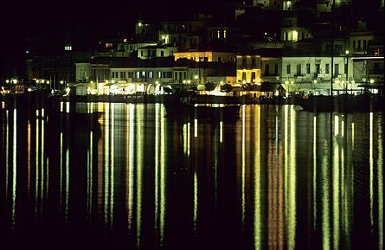 海边,散步场所,水岸,夜晚,岛屿,希腊