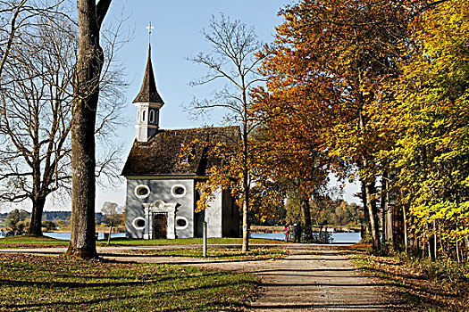 十字架,神圣,小教堂,秋天,岛屿,且姆瑟湖,齐姆高,上巴伐利亚,德国,欧洲