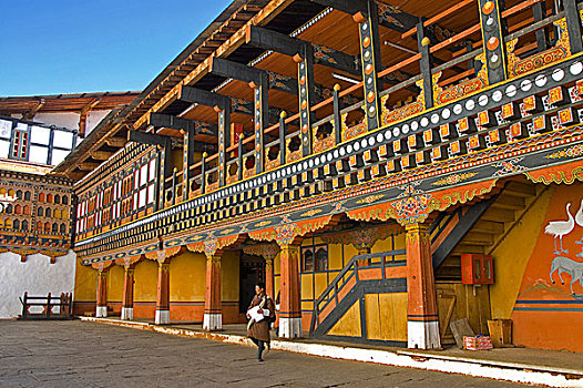 游人,宗派寺院,远眺,不丹,十一月,2007年,室内,帕罗宗,穿,国家,制服